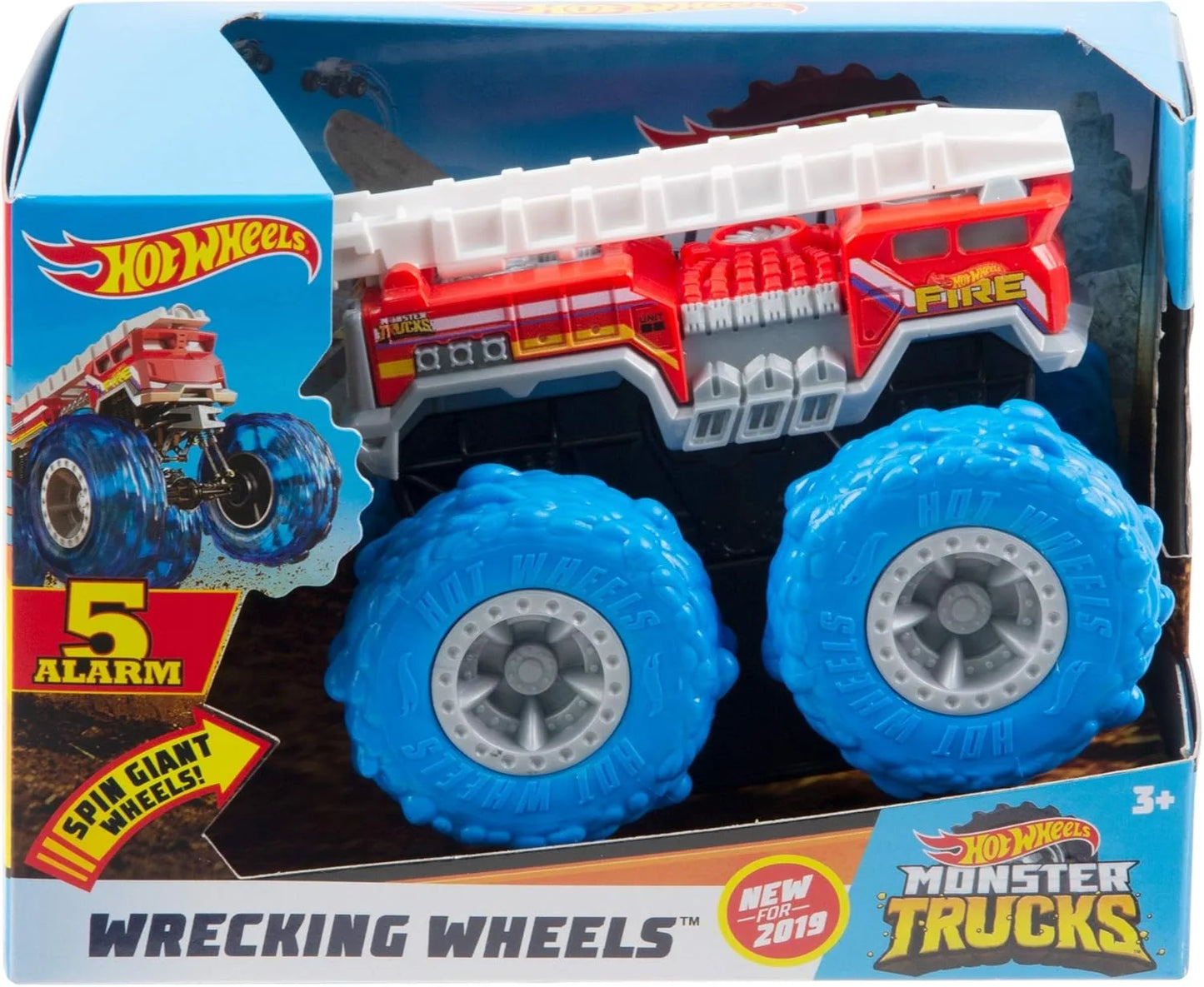 Hotwheels Monster Trucks Rugged Fire Engine: 5 Alarm Red, Blue Wrecking Wheels