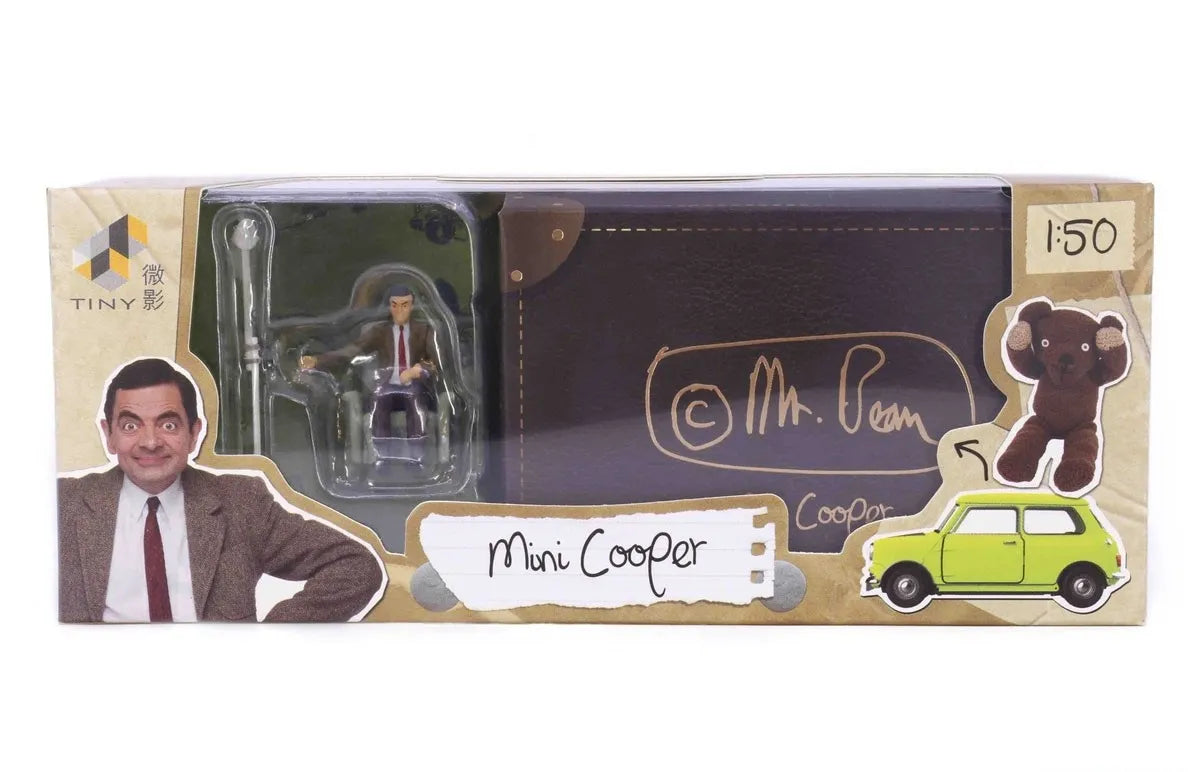 Tiny HK Mr. Bean Mini Cooper Green, Black Mr. Bean-Acessories (Mr. Bean Figure + Car + Broom)