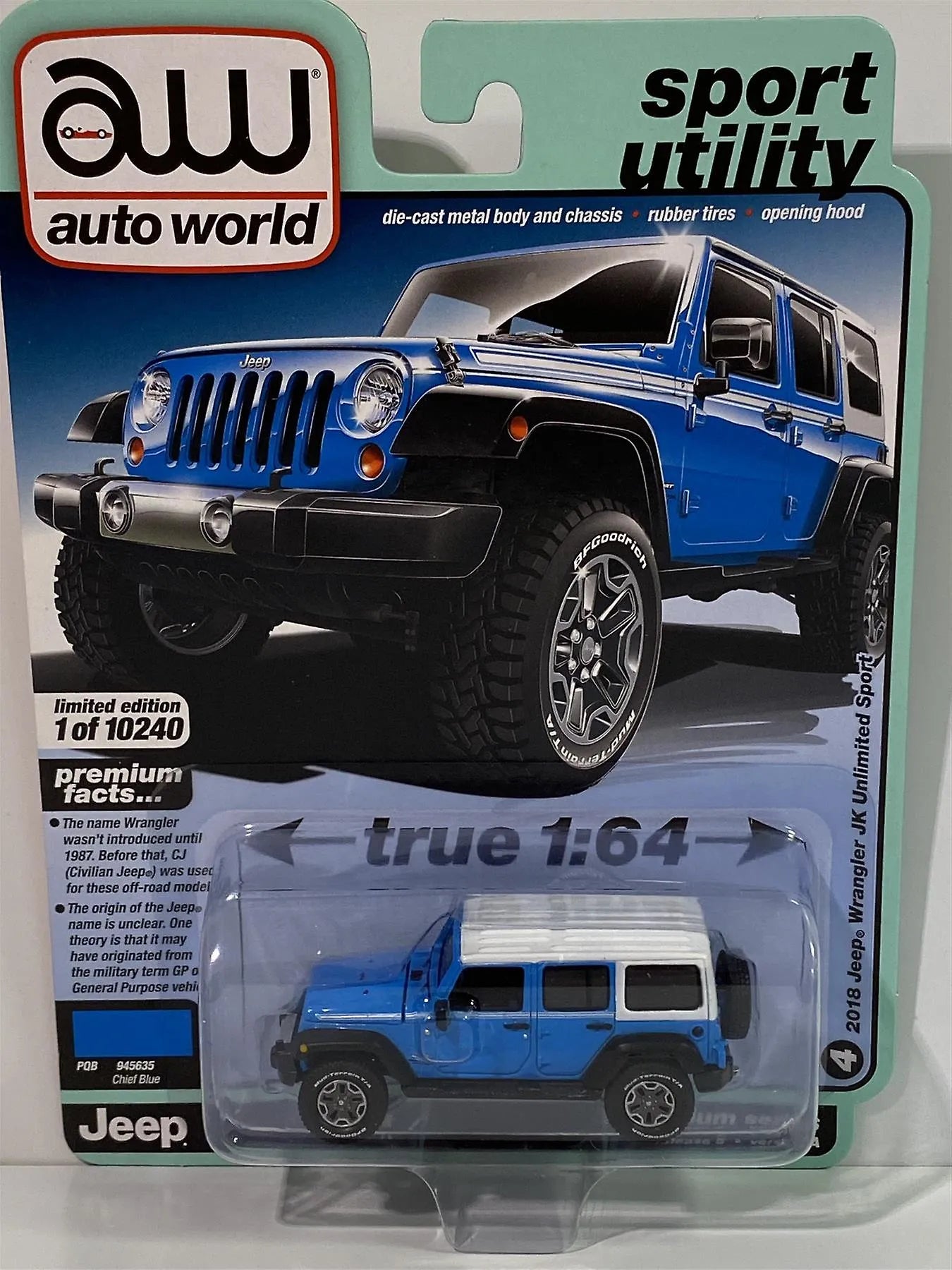 Auto World Premium Edition Wrangler Civilian Jeep 2018 Chief Blue
