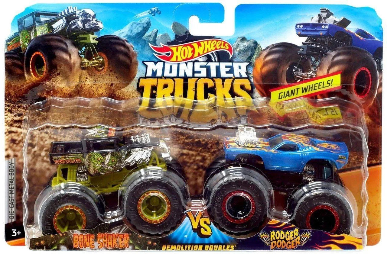 Hot Wheels Monster Trucks Demolition Doubles (Pack of 2) Bone Shaker VS Roger Dodger Black, Blue Giant Wheels