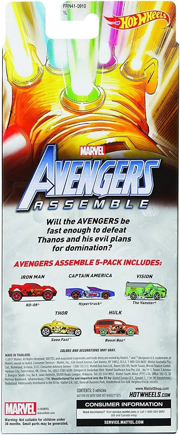 Hot Wheels Movie Vehicles Iron Man, Captian America, Vision, Thor, Hulk Multi Colors Marvel Avengers Assemble