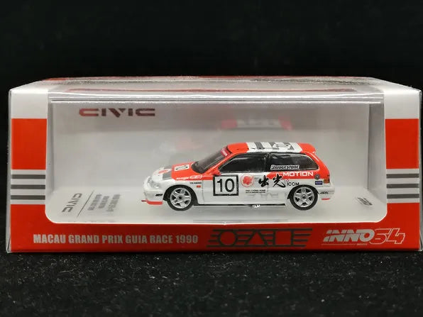 Inno 64 Honda Civic EF9 # 10 1990 White, Orange Idemitsu Motion - Macau Guia Race