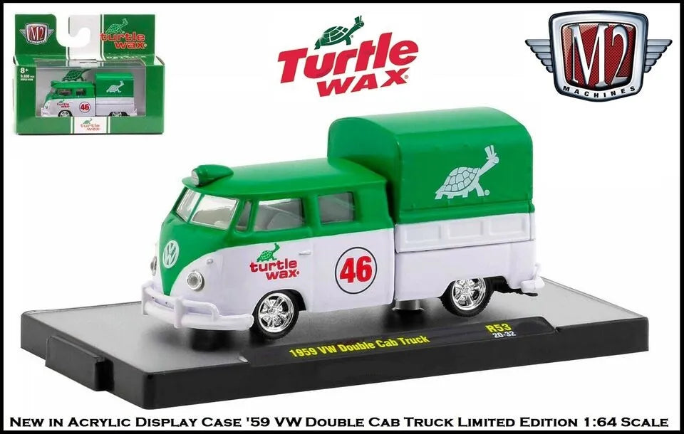 M2 Machines Limited Edition Volkswagen Double Cab Truck 1959 Green, White Turtle Wax