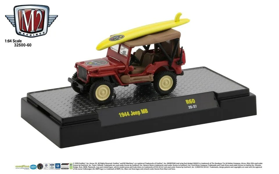 M2 Machines Limited Edition Jeep MB 1944 Red Yellow Surfing Board