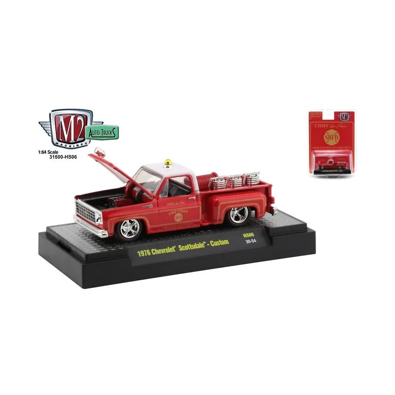 M2 Machines Limited Edition Chevrolet Scottsdale - Custom 1976 Red, White SBFD Chief Low Flame