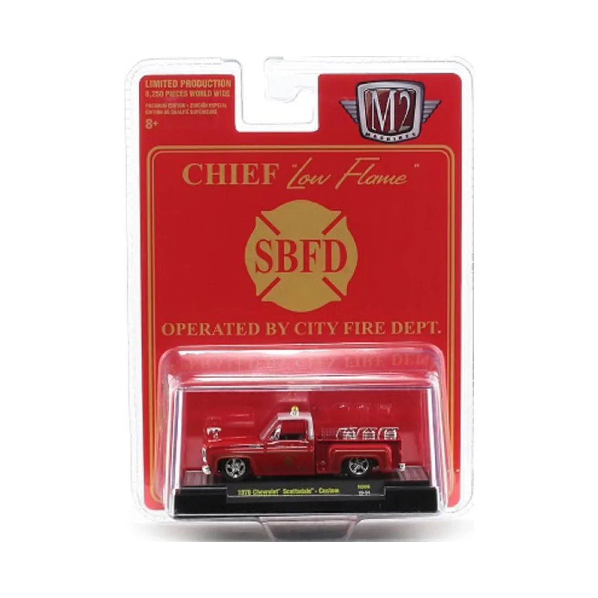 M2 Machines Limited Edition Chevrolet Scottsdale - Custom 1976 Red, White SBFD Chief Low Flame