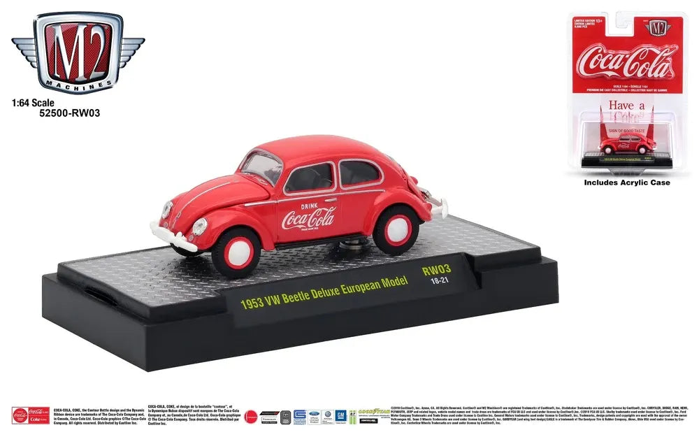M2 Machines Premium Edition Volkswagen Beetle Deluxe European Model 1953 Red, White Coca Cola
