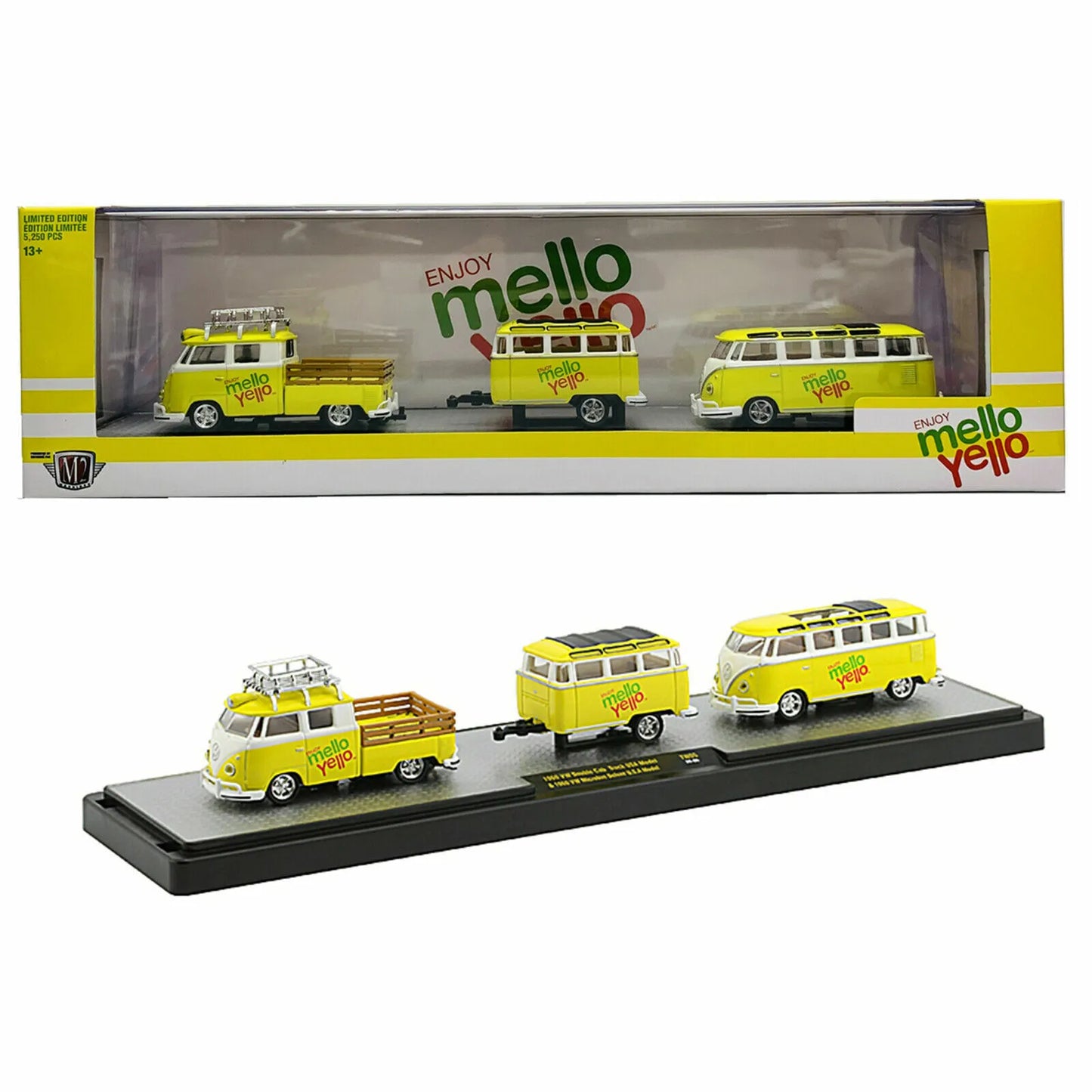 M2 Limited Edition Volkswagen Set of 3, Double Cab Truck (USA) + Microbus Delux (USA) 1960 Yellow, Black Set of three models