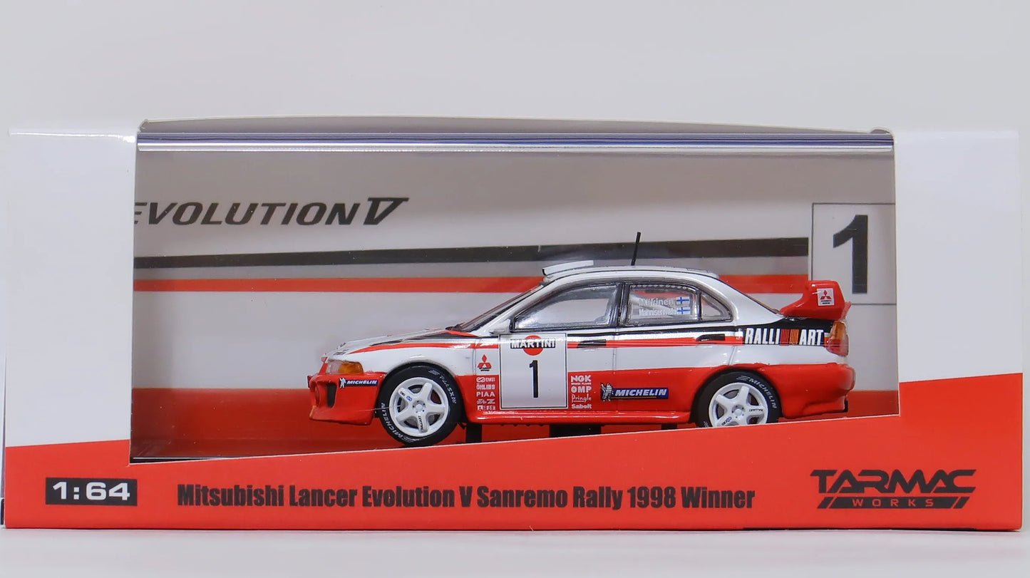 Tarmac Mitsubishi Lancer Evolution V 1998 Red, White Sanremo Rally 1998 Winner