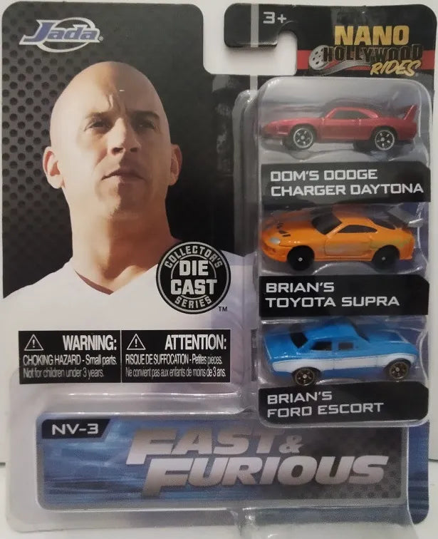 Jada Nano Hollywood Dodge/Toyota/Ford Pack of three (Dodge Charger Daytona, Toyota Supra, Ford Escort) Red, Orange, Blue & White Fast & Furious