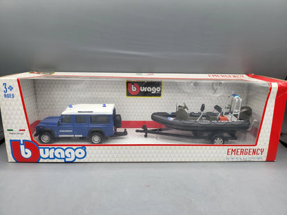 Bburago   Land Rover Defender 110 + Speedboat (Tow Set)  Blue, Black Gendarmerie, Police