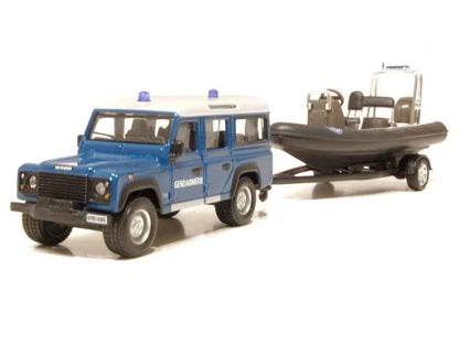 Bburago   Land Rover Defender 110 + Speedboat (Tow Set)  Blue, Black Gendarmerie, Police