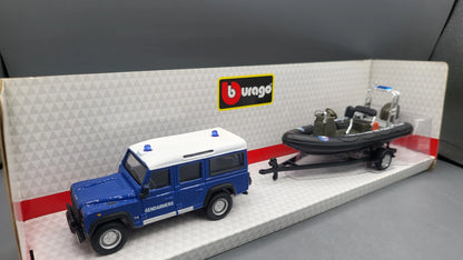 Bburago   Land Rover Defender 110 + Speedboat (Tow Set)  Blue, Black Gendarmerie, Police