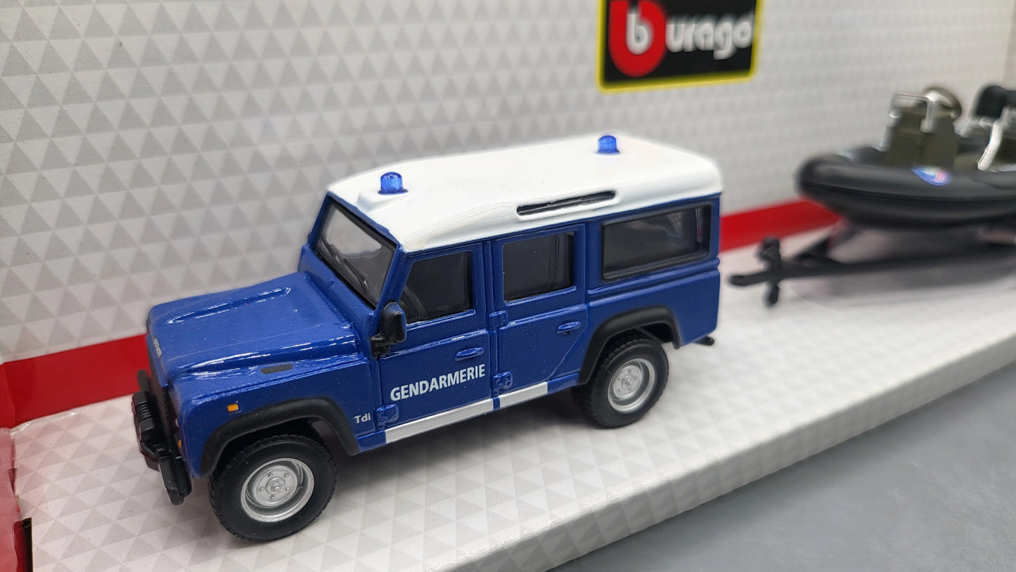 Bburago   Land Rover Defender 110 + Speedboat (Tow Set)  Blue, Black Gendarmerie, Police