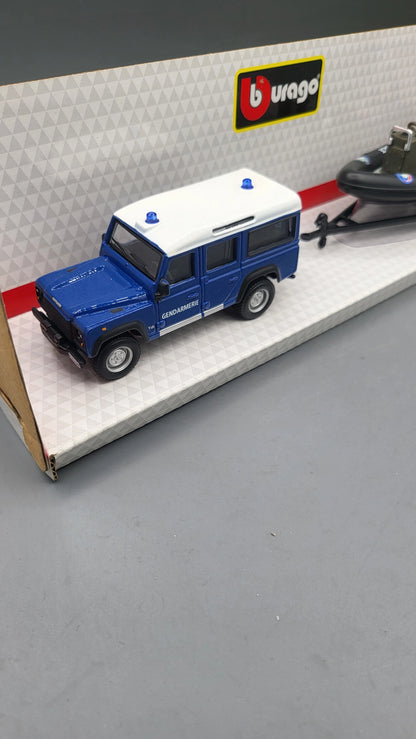 Bburago   Land Rover Defender 110 + Speedboat (Tow Set)  Blue, Black Gendarmerie, Police