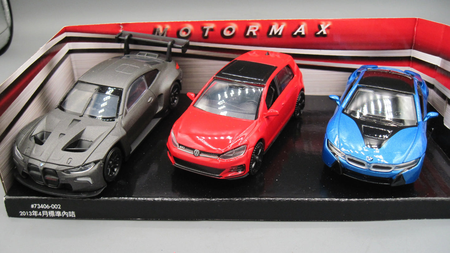 Motor Max  Playfun BMW, VW, BMW VW Golf MK7, BMW i8, BMW (Set of 3 cars)  Grey, Red, Blue
