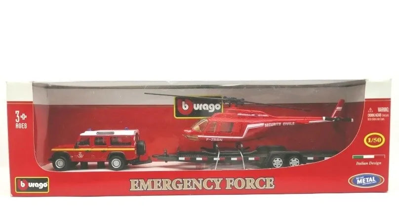 Bburago  Emergency Force  Set of 2 vehicles - Land Rover Defender 110 + Helicopter  Red Secuirty Vehice