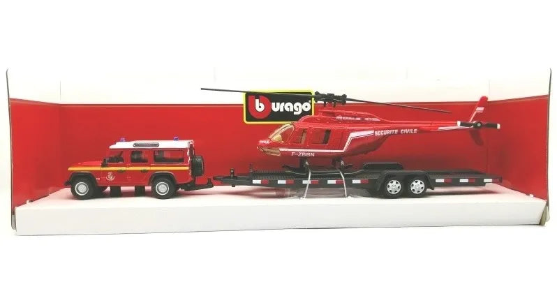 Bburago  Emergency Force  Set of 2 vehicles - Land Rover Defender 110 + Helicopter  Red Secuirty Vehice