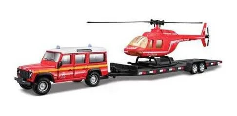 Bburago  Emergency Force  Set of 2 vehicles - Land Rover Defender 110 + Helicopter  Red Secuirty Vehice