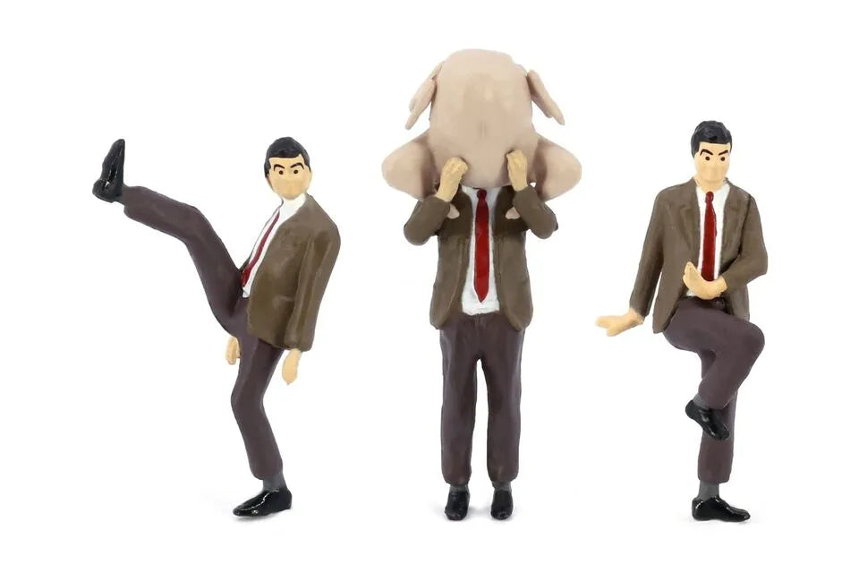 Tiny HK Mr. Bean  Mr Bean High Kick, Face with turkey,Dancing  Brown  Mr. Bean Figures x 3