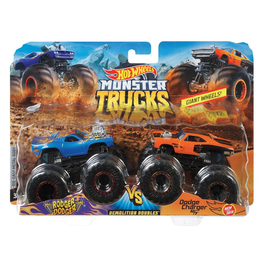 Hot Wheels  Monster Trucks Demolition Doubles (Pack of 2) Roger Dodger VS Charger R/T   Blue, Orange Giant Wheels