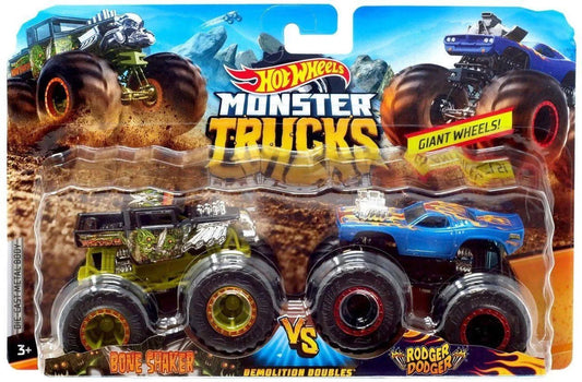 Hot Wheels  Monster Trucks Demolition Doubles (Pack of 2) Bone Shaker VS Roger Dodger   Black, Blue Giant Wheels