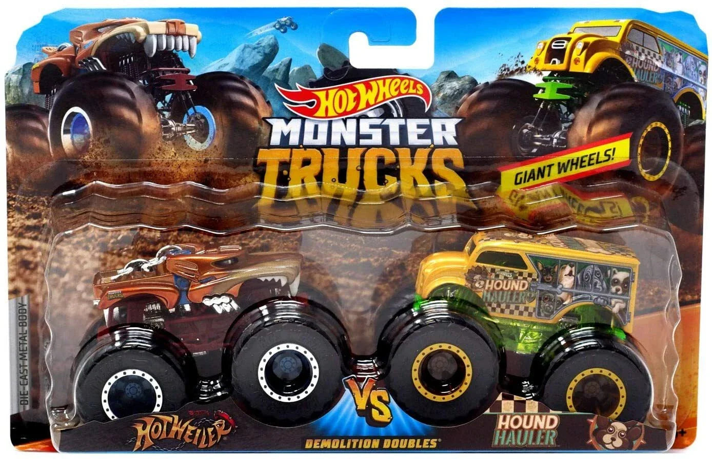 Hot Wheels  Monster Trucks Demolition Doubles (Pack of 2) Hot Weiler VS Hound Hauler   Red, Green Giant Wheels