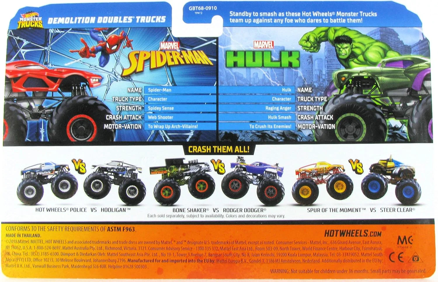 Hot Wheels  Monster Trucks Demolition Doubles (Pack of 2) Marvel Spider-Man VS Marvel Hulk   Red, Green Giant Wheels