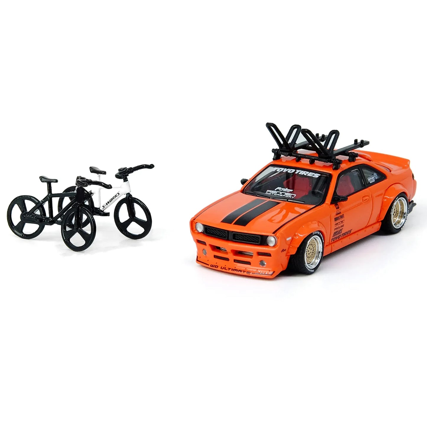 Inno 64   Nissan  Silvia (S14)   Orange Rocket Bunny Boss Aero - With 2 racing bicycles