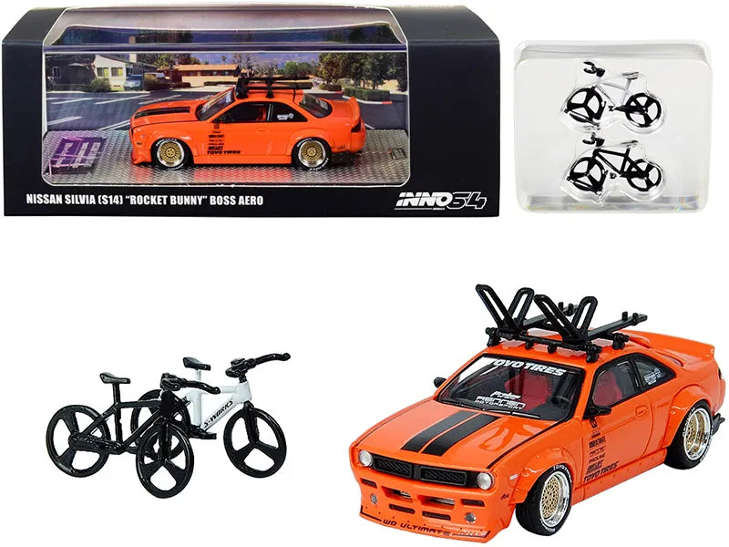 Inno 64   Nissan  Silvia (S14)   Orange Rocket Bunny Boss Aero - With 2 racing bicycles