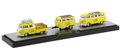 M2 Limited Edition  Volkswagen Set of 3, Double Cab Truck (USA) + Microbus Delux (USA) 1960 Yellow, Black Set of three models