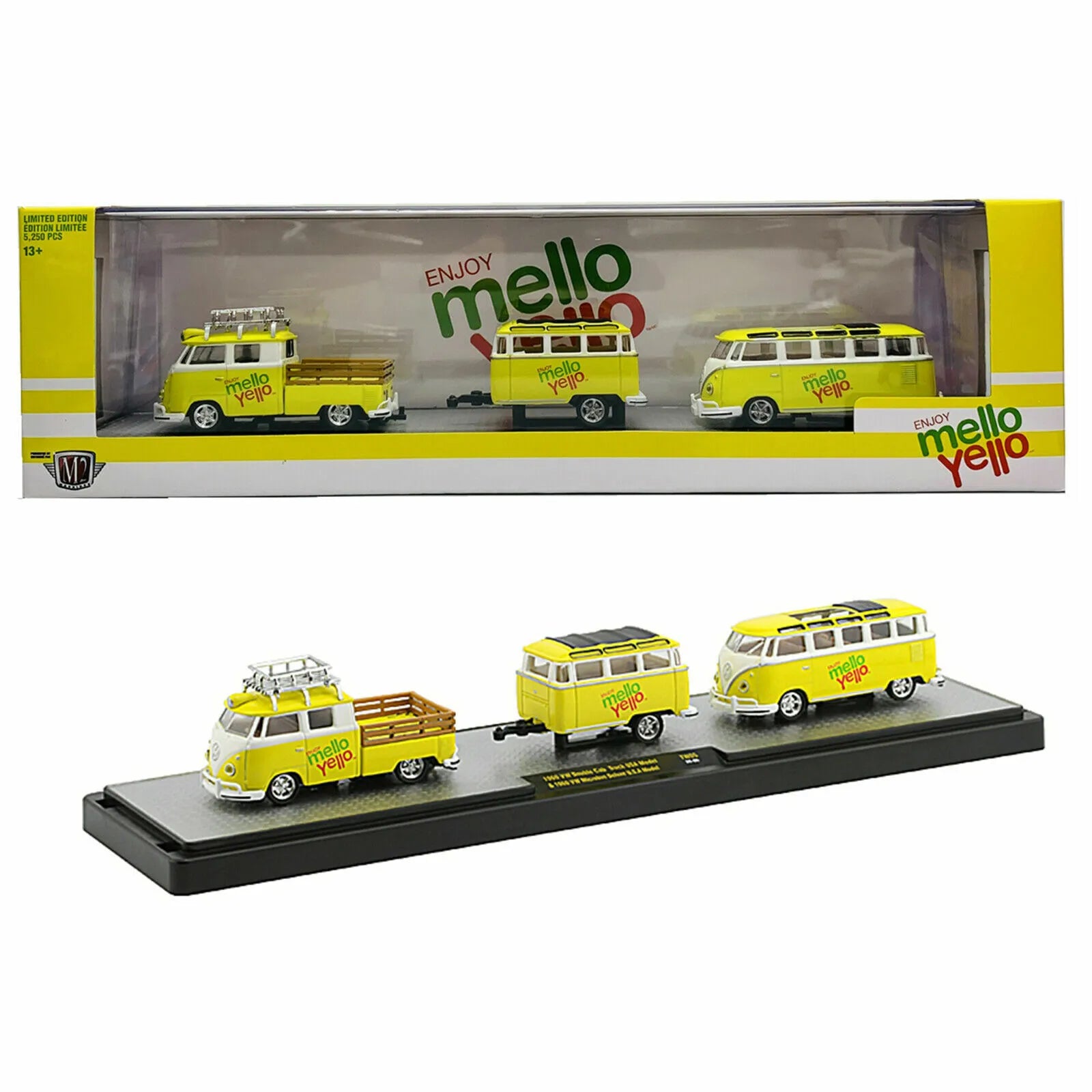 M2 Limited Edition  Volkswagen Set of 3, Double Cab Truck (USA) + Microbus Delux (USA) 1960 Yellow, Black Set of three models