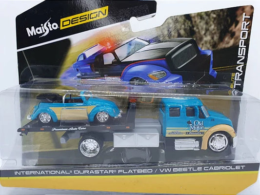 Maisto  Hauler International Durastar  Flatbed/VW Beetle Cabriolet  Blue & Yellow
