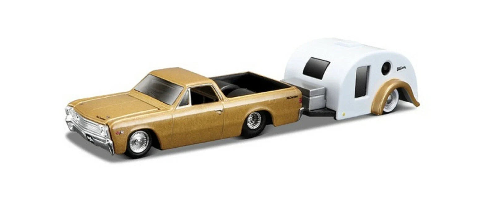 Maisto   Chevrolet Chevrolet Elcamino + Retro Carvan Trailer  Gold, White Tow & Go