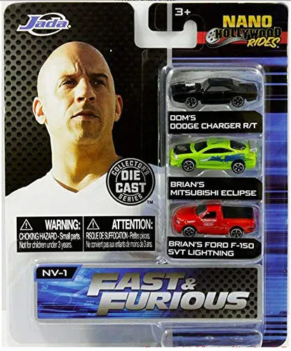 Jada Nano Hollywood  Dodge/Mitsubishi/Ford Pack of three (Dodge Charger R/T, Mitsubishi Eclipse, Ford F-150 SVT Lightening)  Black, Green, Red Fast & Furious