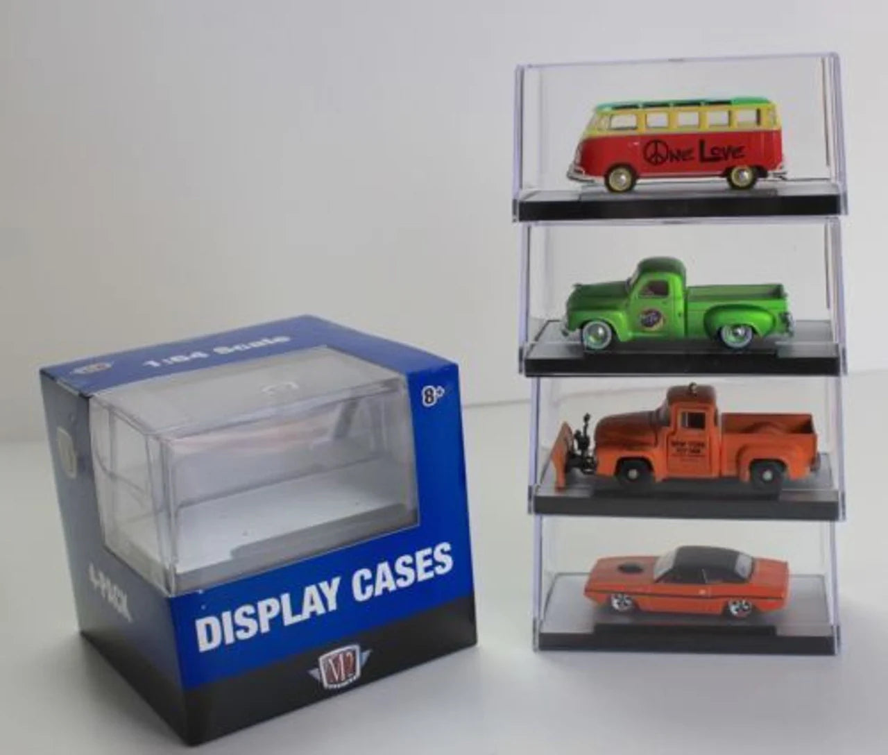 M2    Display Cases (Pack of 4) for models of scale 1:64 cars  Transparent Includes 8 base ties and 4 pcs mounting tape.
